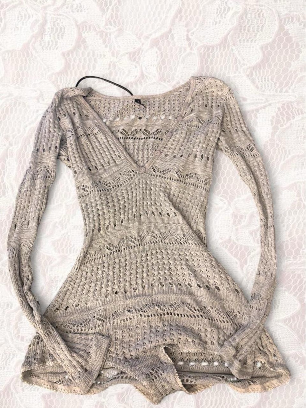 Yandy Beige Openwork Knit Long Sleeve Shorts Romper